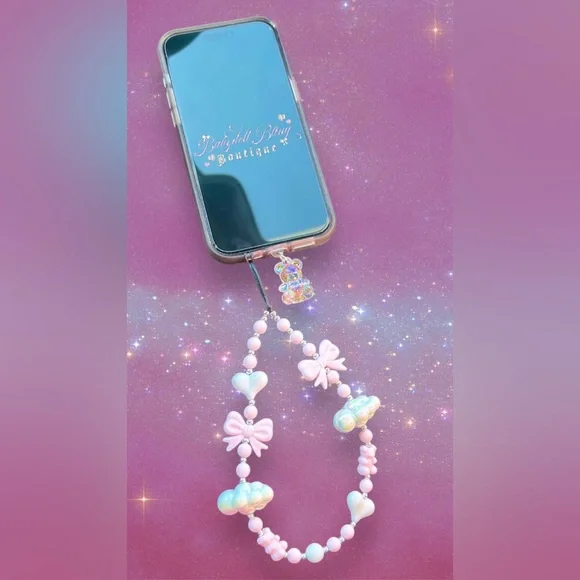 Phone Strap Lanyard ✨☁️ Luxury cloud ribbons hearts beaded shiny luxe y2k kawaii - Picture 3 of 17
